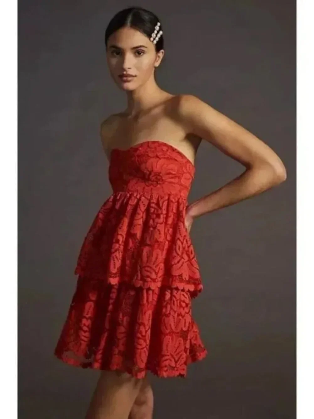 NWT Maeve Anthropologie Strapless Red Lace Tiered Mini Dress Size Small - Picture 1 of 15